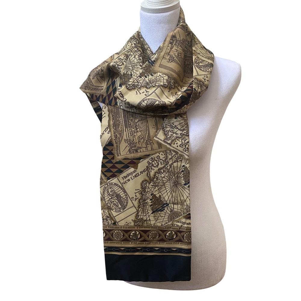 Mackintosh New England Nautical Map Silk Scarf Tan Navyโ Blue Maritime Print